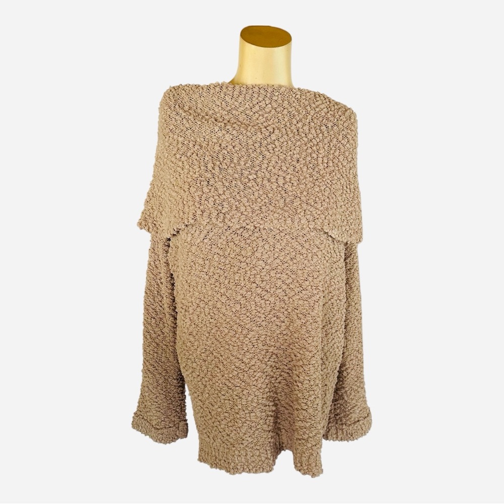 Umgee Popcorn Knit Off the Shoulder Sweater Taupe Tan Oversized Boho Medium